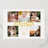 Elegant met gouden kerstflora 5-foto's folie feestdagenkaart (Voorkant)