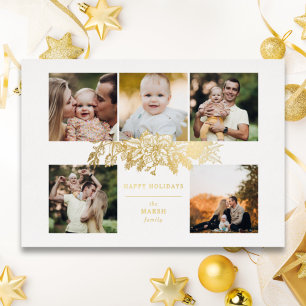 Elegant met gouden kerstflora 5-foto's folie feestdagenkaart