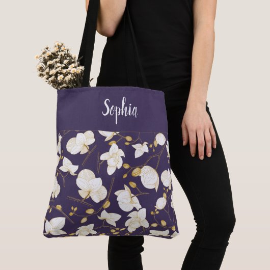 Elegant met paarse gouden en witte orchideeën tote bag (Dichtbij)
