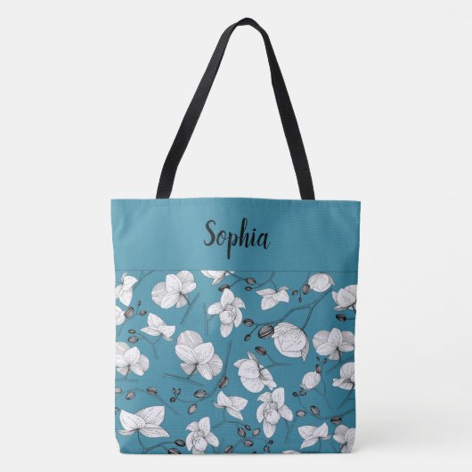 Elegant met zwart & wit orchideeën chic blauw tote bag (Voorkant)