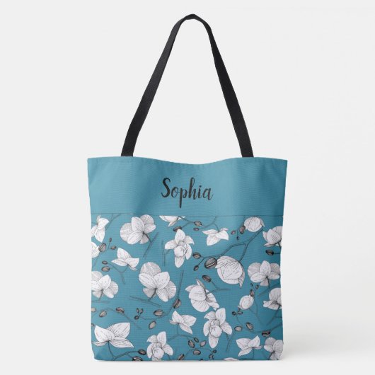 Elegant met zwart & wit orchideeën chic blauw tote bag (Achterkant)