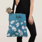 Elegant met zwart & wit orchideeën chic blauw tote bag (Dichtbij)