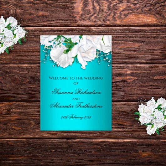 Elegant Metallic Aqua en White Roses Wedding Poster
