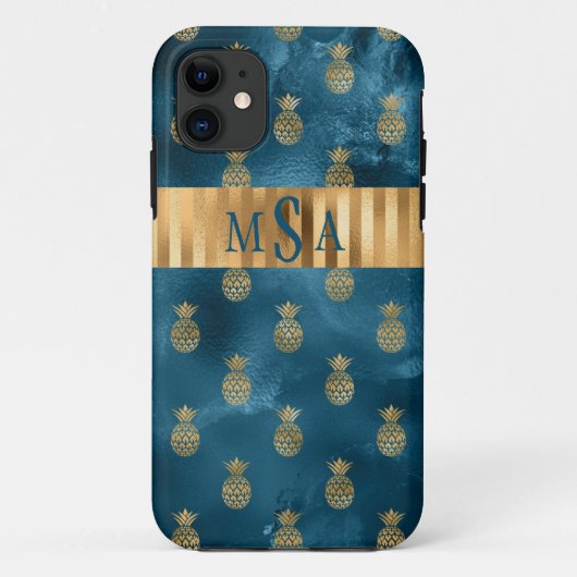 Elegant Metallic Blauwgroen Gold Pineapple Monogra Case-Mate iPhone Case (Achterkant)