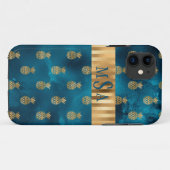 Elegant Metallic Blauwgroen Gold Pineapple Monogra Case-Mate iPhone Case (Achterkant (horizontaal))