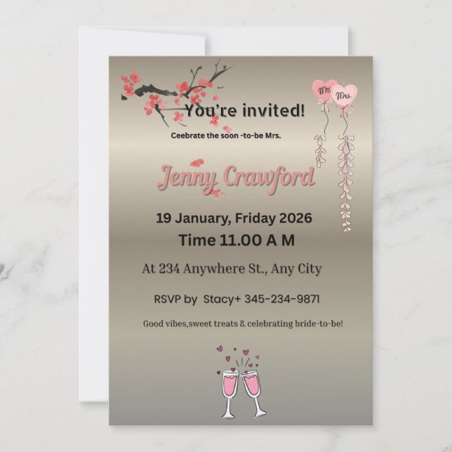Elegant Metallic Bridal Shower Invitation | Cherry (Voorkant)