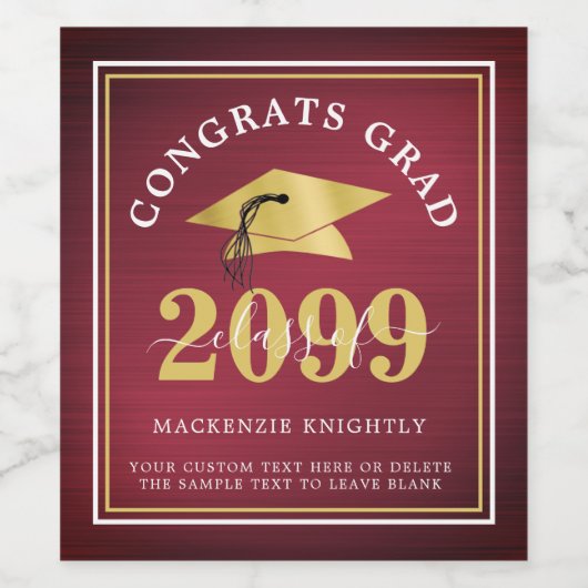 Elegant Metallic Class Year Maroon Gold Afstuderen Wijn Etiket (Enkel label)