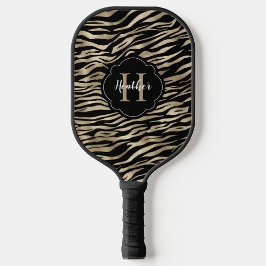 Elegant Metallic Gold Zebra Animal Print Monogram Pickleball Paddle (Voorkant)