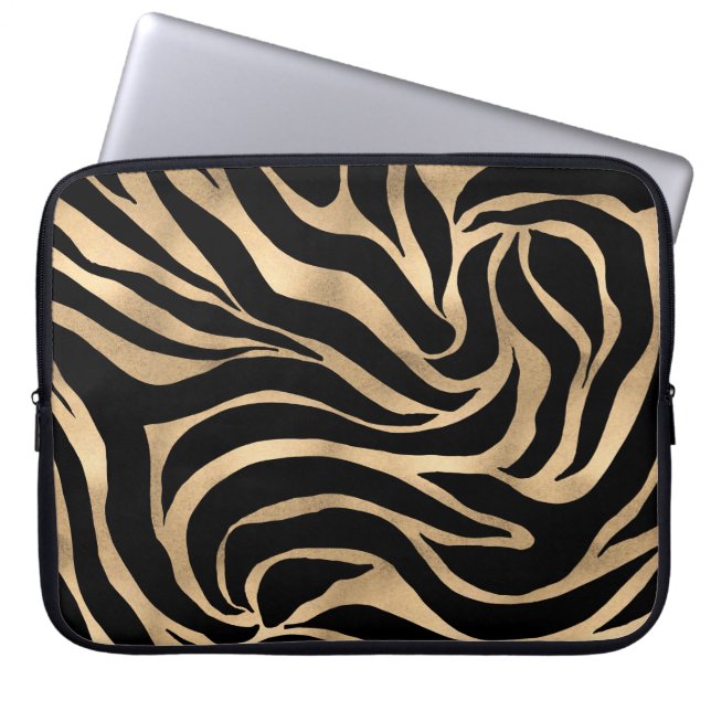 Elegant Metallic Gold Zebra Black Animal Print Laptop Sleeve (Voorkant)