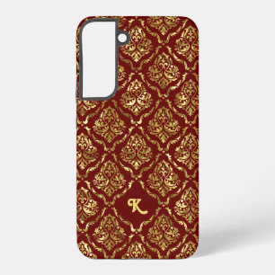 Elegant Metallic Goud Damasks Patroon op Donkerroo Samsung Galaxy Hoesje