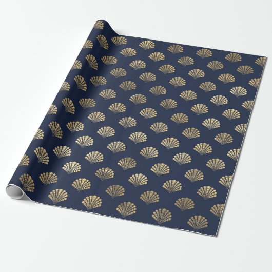 Elegant Metallic Goud en Blauw onder het Zee Shell Cadeaupapier (Uitgerold)