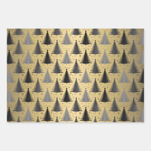 Elegant Metallic Goud Zwart Kerstboom Patroon Inpakpapier Vel (Voorkant 3)