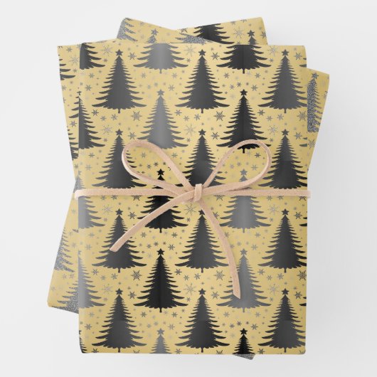 Elegant Metallic Goud Zwart Kerstboom Patroon Inpakpapier Vel (In situ)