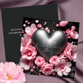 Elegant Metallic Heart & Pink Flowers Valentijns Kaart