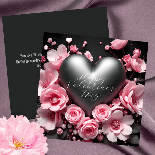 Elegant Metallic Heart & Pink Flowers Valentijns Kaart