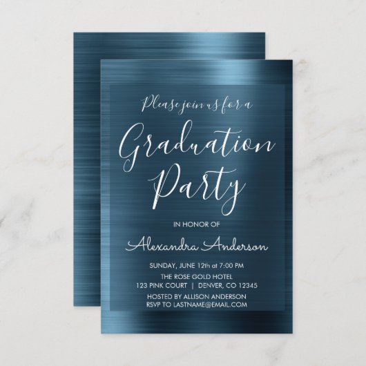 Elegant Metallic Navy Blue Graduation Party Kaart (Voorkant / Achterkant)