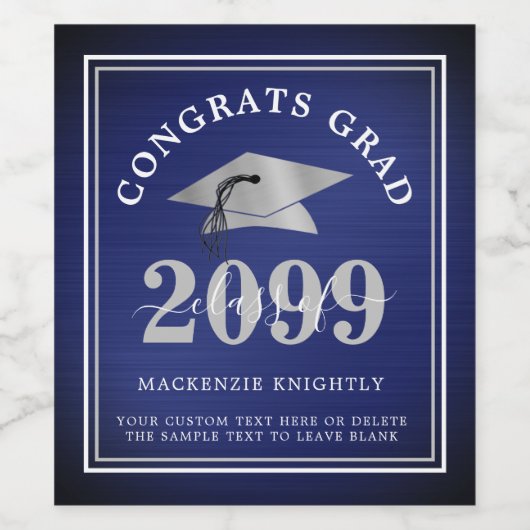 Elegant Metallic Navy Blue Silver Afstuderen Klass Wijn Etiket (Enkel label)