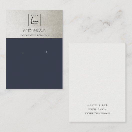 ELEGANT METALLIC NAVY SILVER LOGO EARRING DISPLAY VISITEKAARTJE (Voorkant / Achterkant)