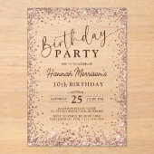 Elegant Metallic Roos Gouden Glitter 10e Verjaarda Acryl Uitnodigingen (Voorkant)