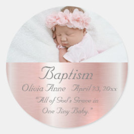 Elegant Metallic Roze Foto Baby Girl Baptisme Ronde Sticker