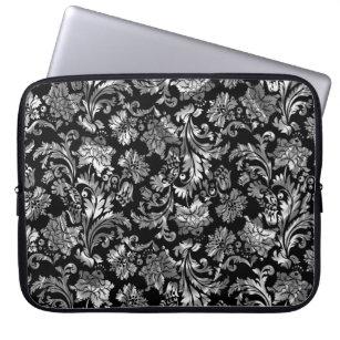 Elegant Metallic Silver & Black Floral Damaskers Laptop Sleeve