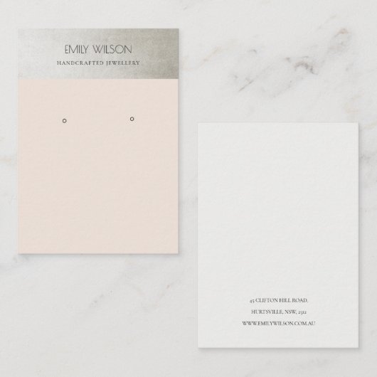 ELEGANT METALLIC SILVER BLUSH PINK EARRING DISPLAY VISITEKAARTJE (Voorkant / Achterkant)