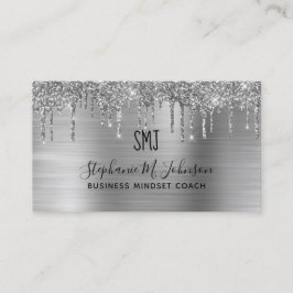 Elegant Metallic Silver Glitter Drip Monogram Logo Visitekaartje