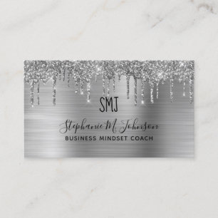 Elegant Metallic Silver Glitter Drip Monogram Logo Visitekaartje