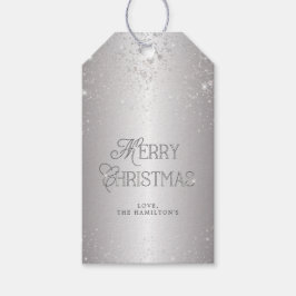 Elegant Metallic Silver Glitter Merry Kerstmis Cadeaulabel
