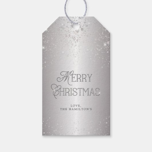 Elegant Metallic Silver Glitter Merry Kerstmis Cadeaulabel (Voorkant)