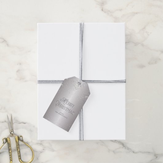 Elegant Metallic Silver Glitter Merry Kerstmis Cadeaulabel (Met Touw)