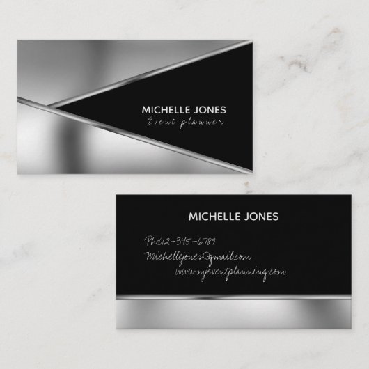 Elegant metallic zilver en zwart visitekaartje (Voorkant / Achterkant)