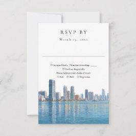 Elegant Miami Skyline Watercolor Wedding RSVP Kaartje