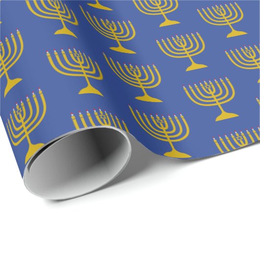 Elegant Mid Blue | Hanukkah | MENORAH Cadeaupapier (Rol Hoek)
