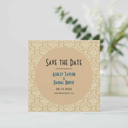 Elegant Mid Century Modern Damask Formele bruiloft Save The Date (Staand voorkant)