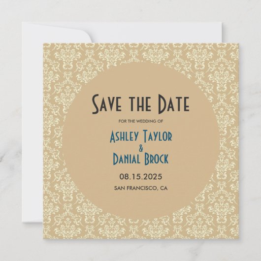 Elegant Mid Century Modern Damask Formele bruiloft Save The Date (Voorkant)