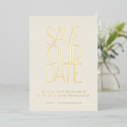 Elegant Mid Century Modern Gold Save the Date Folie Uitnodiging (Staand Voorkant)