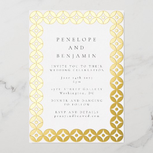 Elegant Mid Mod Geometric Weddenschap Chic White G Folie Uitnodiging (Voorkant)