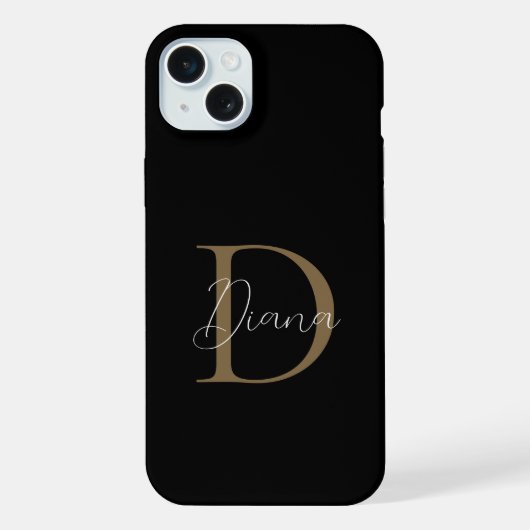 Elegant Midnight Black Mossy Gold Script Monogram iPhone Hoesje (Achterkant)