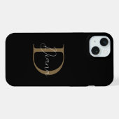 Elegant Midnight Black Mossy Gold Script Monogram iPhone Hoesje (Achterkant horizontaal)