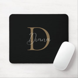 Elegant Midnight Black Mossy Gold Script Monogram Muismat