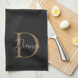 Elegant Midnight Black Mossy Gold Script Monogram Theedoek