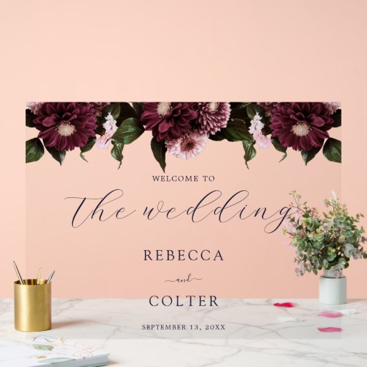 Elegant Midnight Blue Bourgondië Bloemenbruiloft Acryl Bord (Huwelijk)