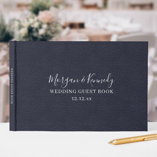 Elegant Midnight Blue Faux Leather Look Bruiloft Gastenboek