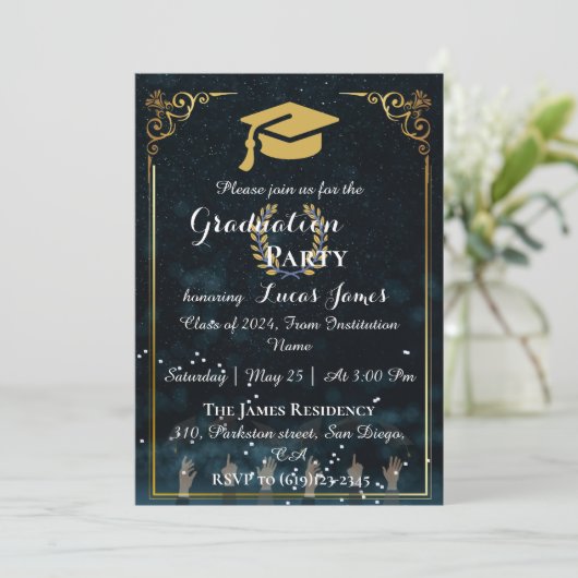 Elegant Midnight Blue & Gold Afstuderen Invitation Kaart (Staand voorkant)