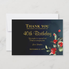 Elegant Midnight Blue Gold Floral 40th Birthday Bedankkaart