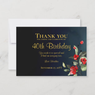 Elegant Midnight Blue Gold Floral 40th Birthday Bedankkaart