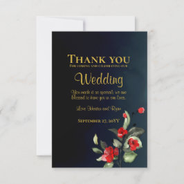 Elegant Midnight Blue Gold Red Floral Wedding Bedankkaart