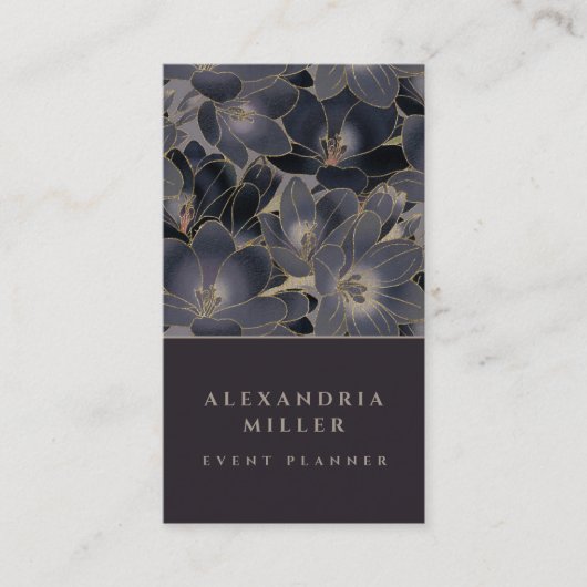 Elegant Midnight Blue & Grey Floral Verticaal Visitekaartje (Voorkant)