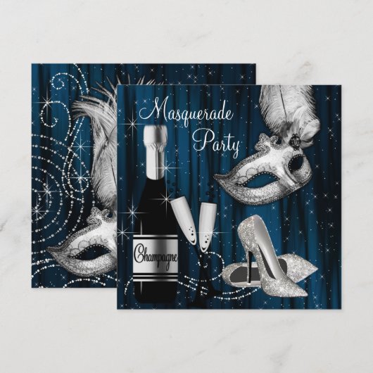 Elegant Midnight Blue Masquerade Party Kaart (Voorkant / Achterkant)